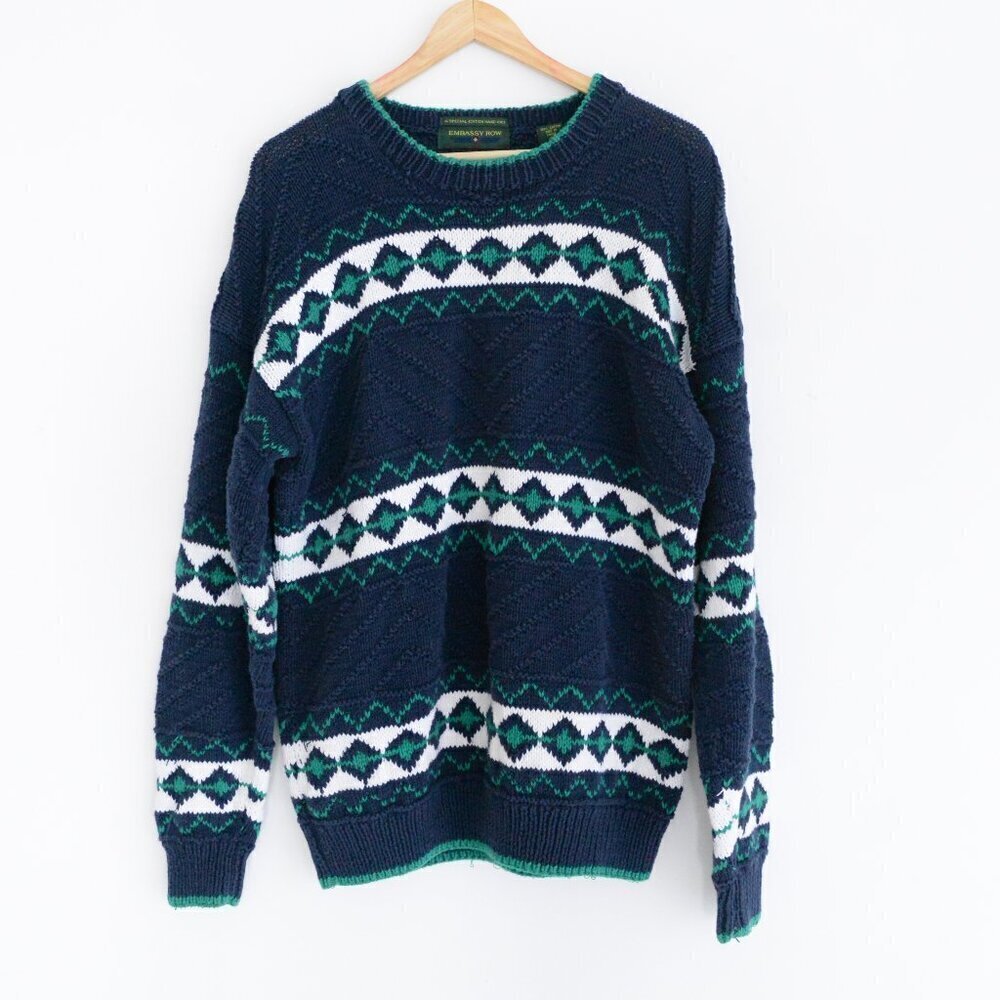 Vintage '90S Embassy Row Special Edition Hand Knit Navy Green Argyle 3D Pattern